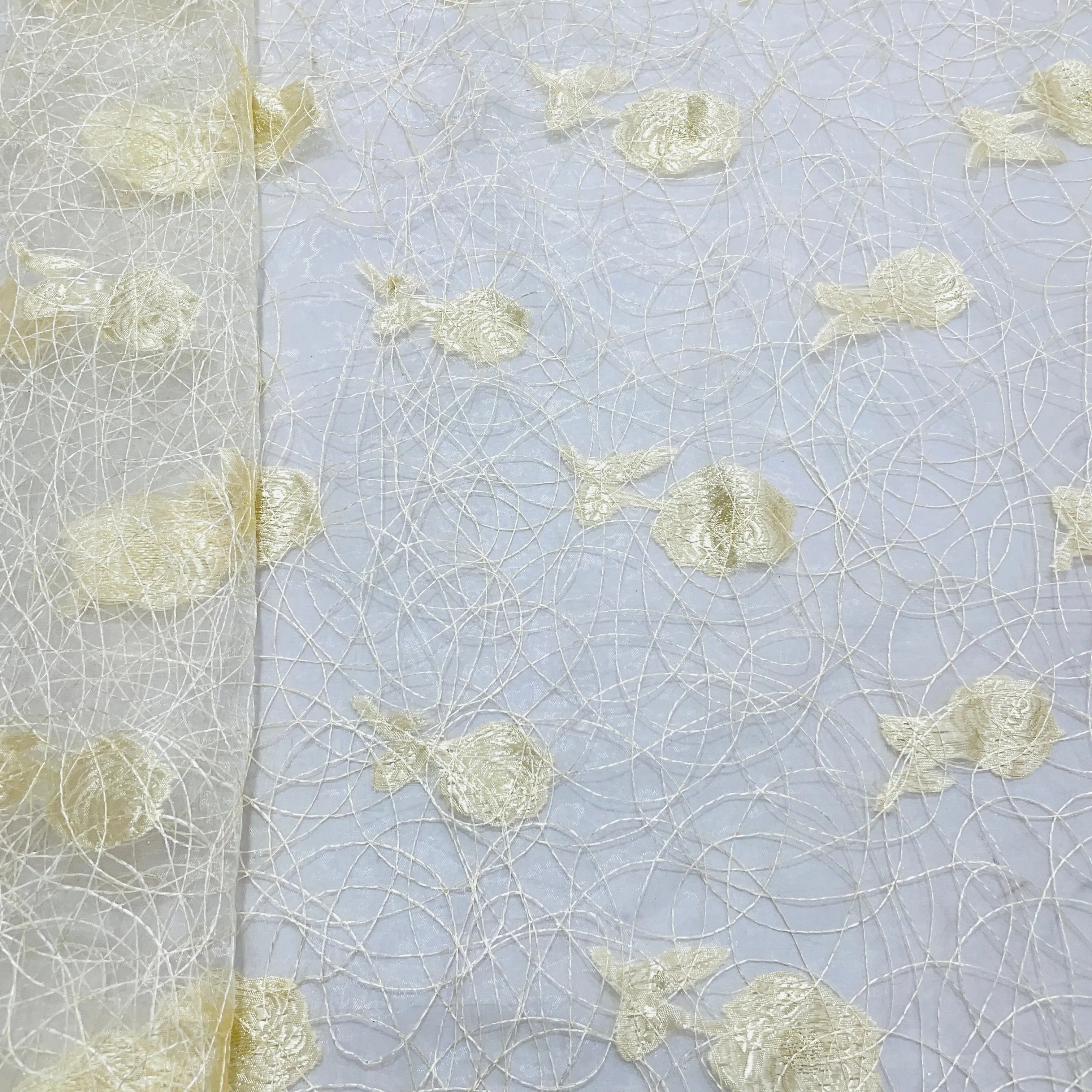 Golden Floral Jacquard Thread Embroidery Organza Fabric