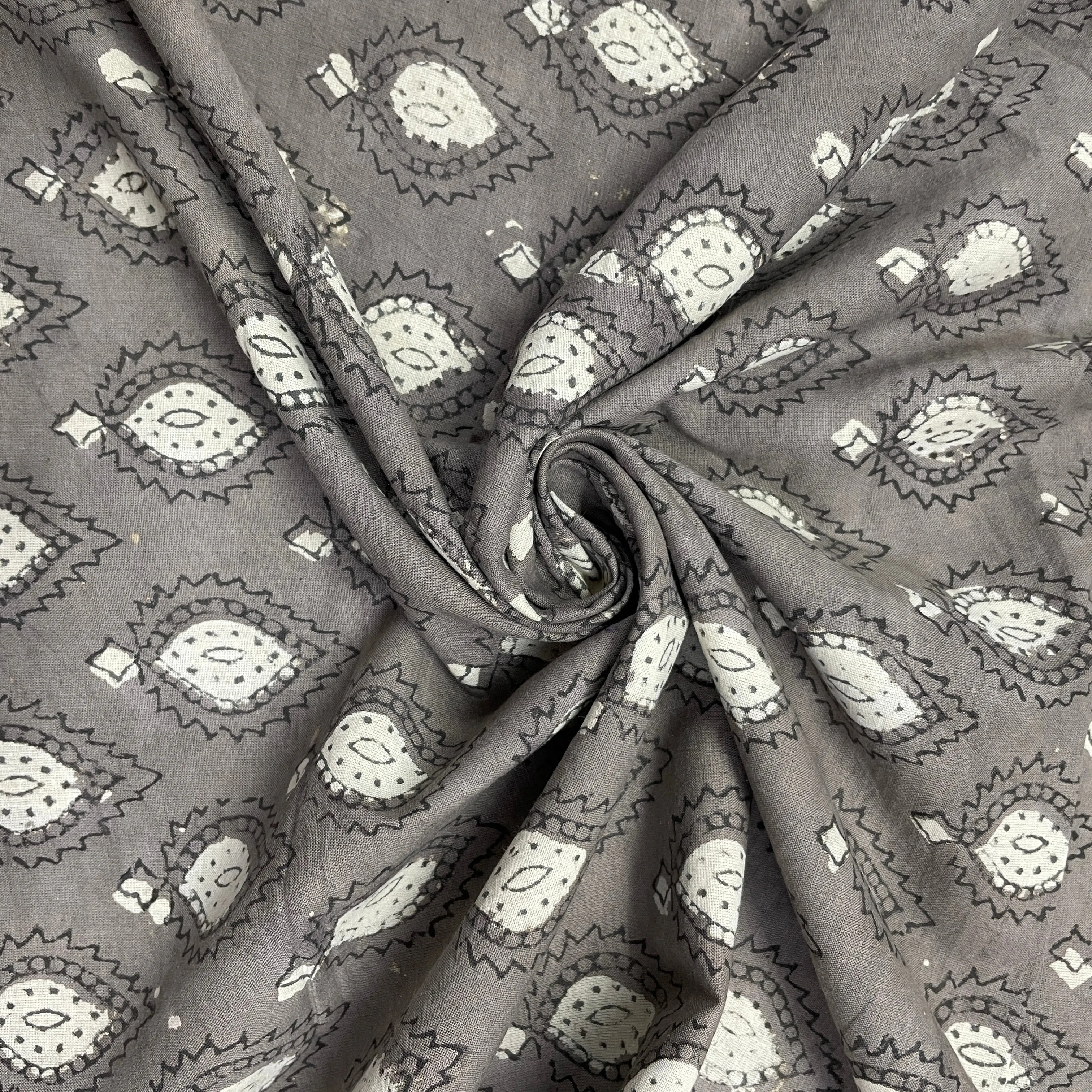 Grey & Cream Paisley Print Cotton Fabric