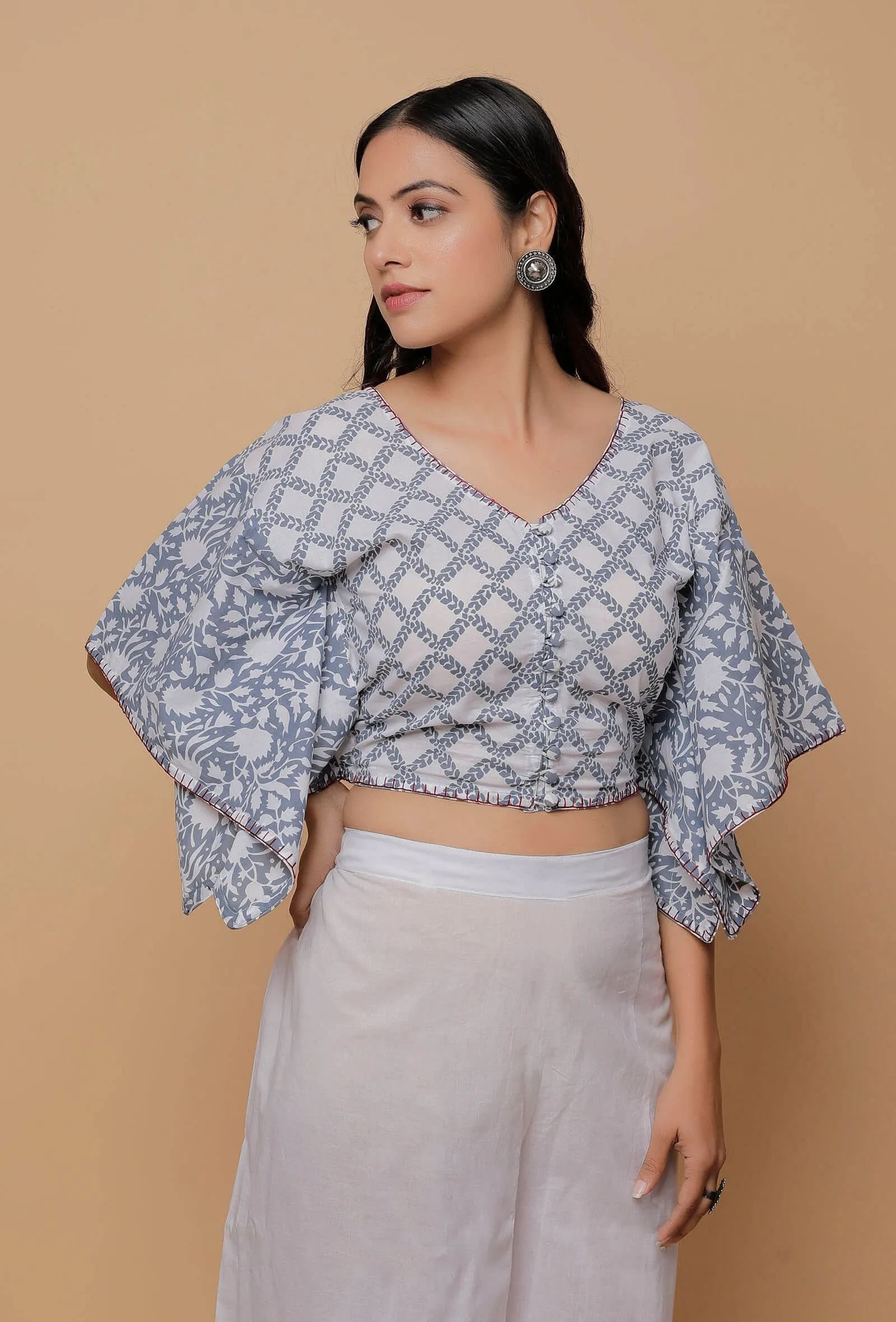 Grey And White Handblock Print Cotton V Neck Kaaftan Blouse