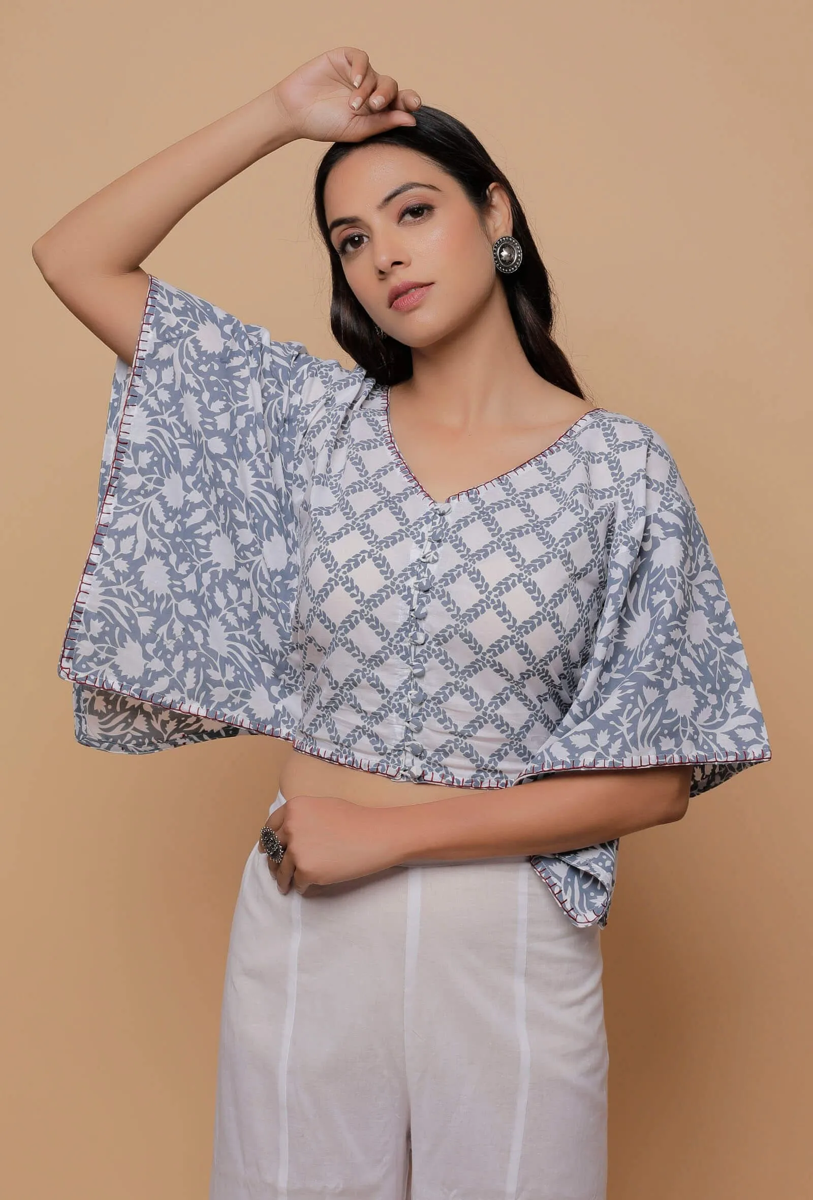 Grey And White Handblock Print Cotton V Neck Kaaftan Blouse