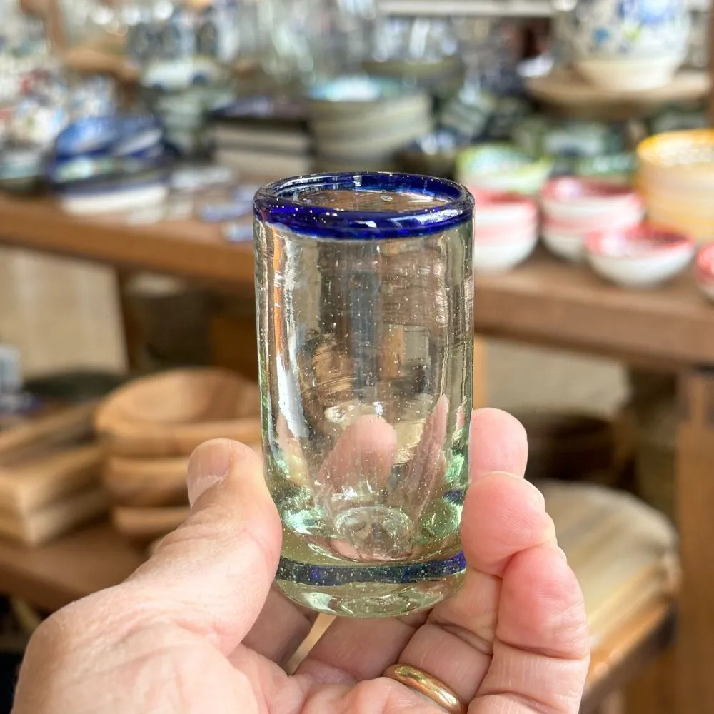 Handblown Recycled Blue Rimmed Tequila Shot Glass