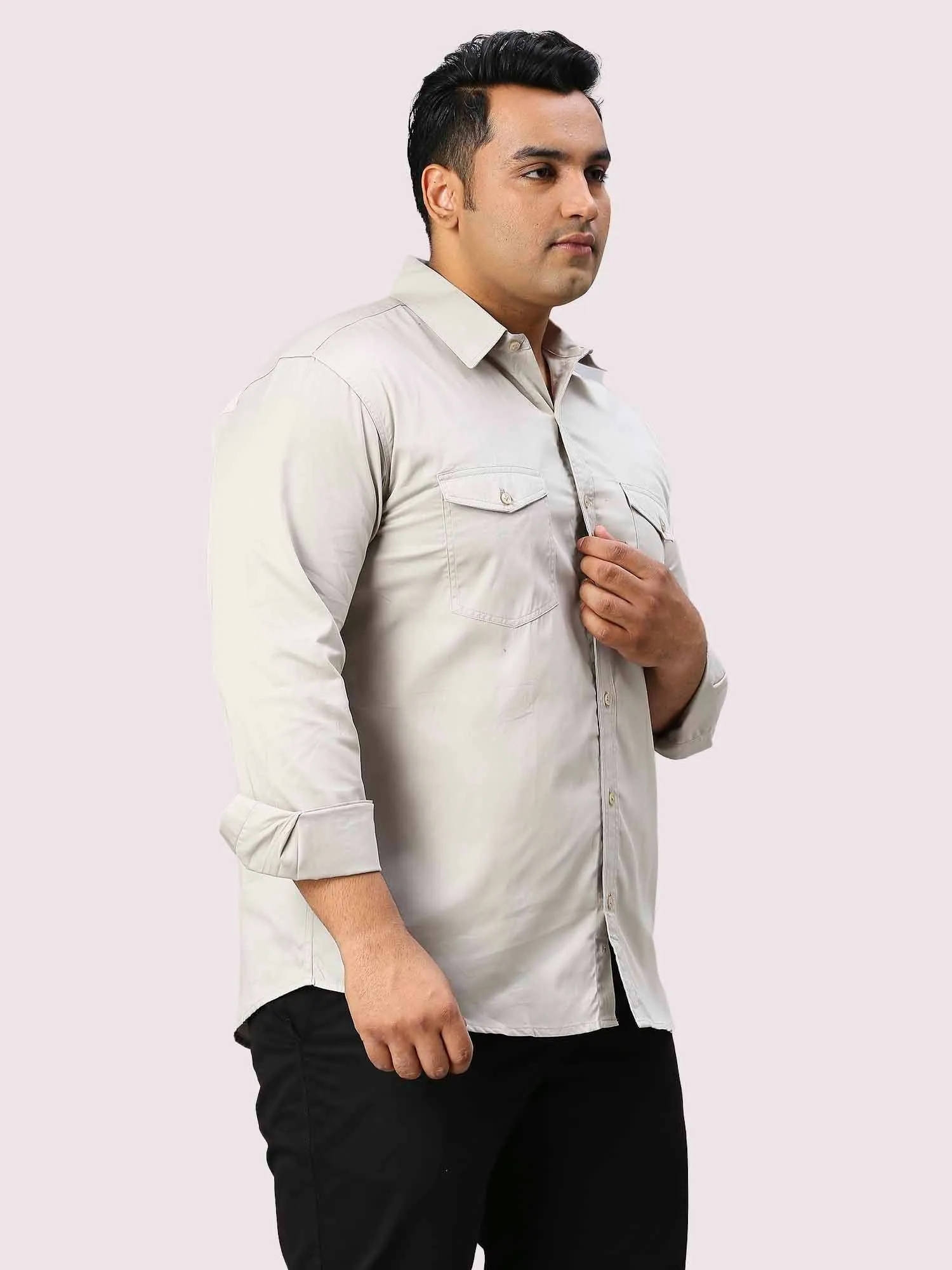 Harbor Grey Solid Pure Cotton Double Pocket Full Sleeve Shirt Men's Plus Size