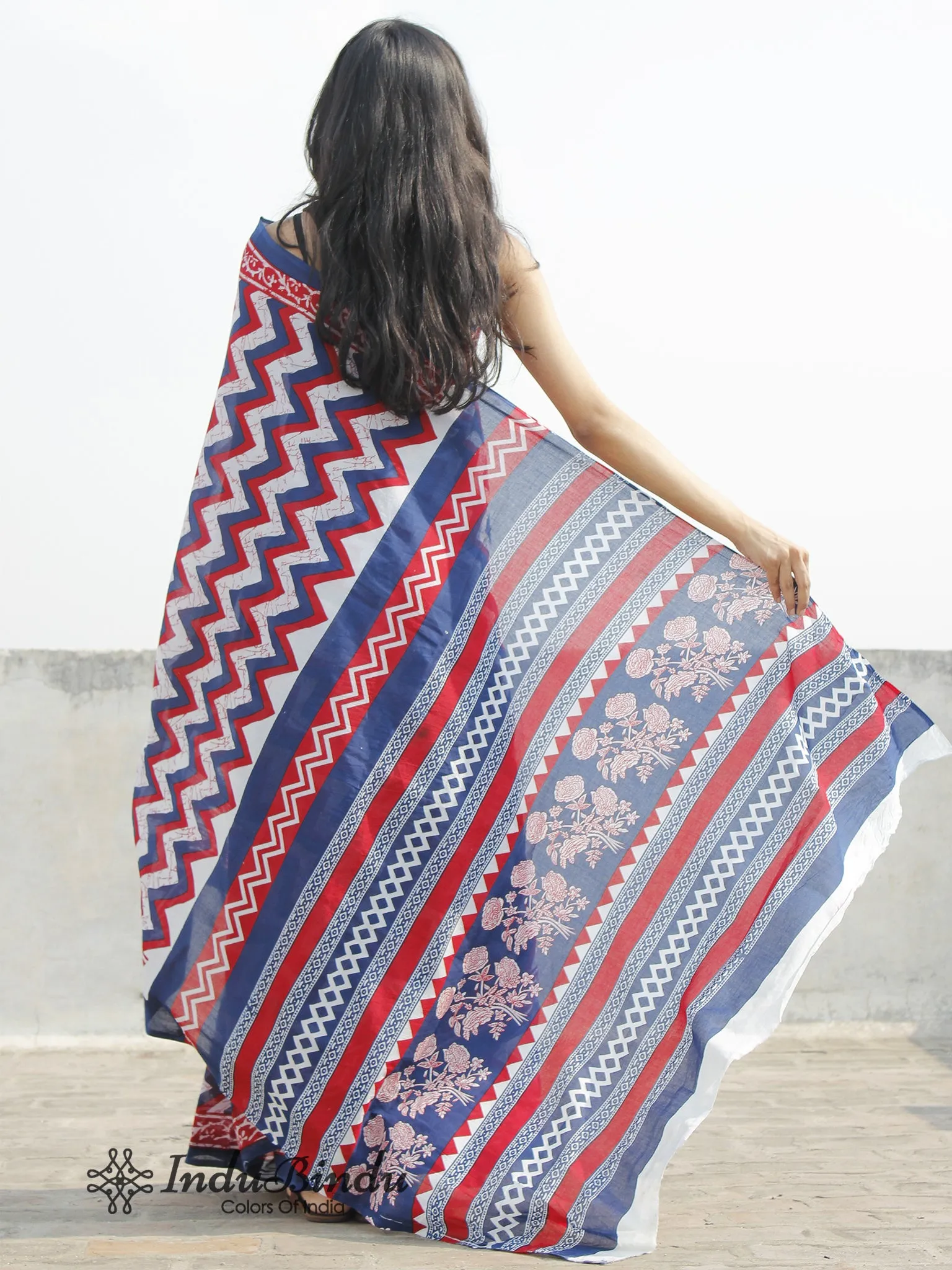 Indigo White Red Hand Block Printed Cotton Saree In Natural Colors - S031702381