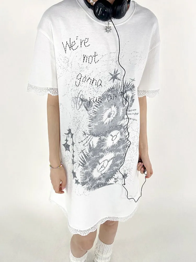 Lace Splicing Printed T-Shirt Dress【s0000008821】