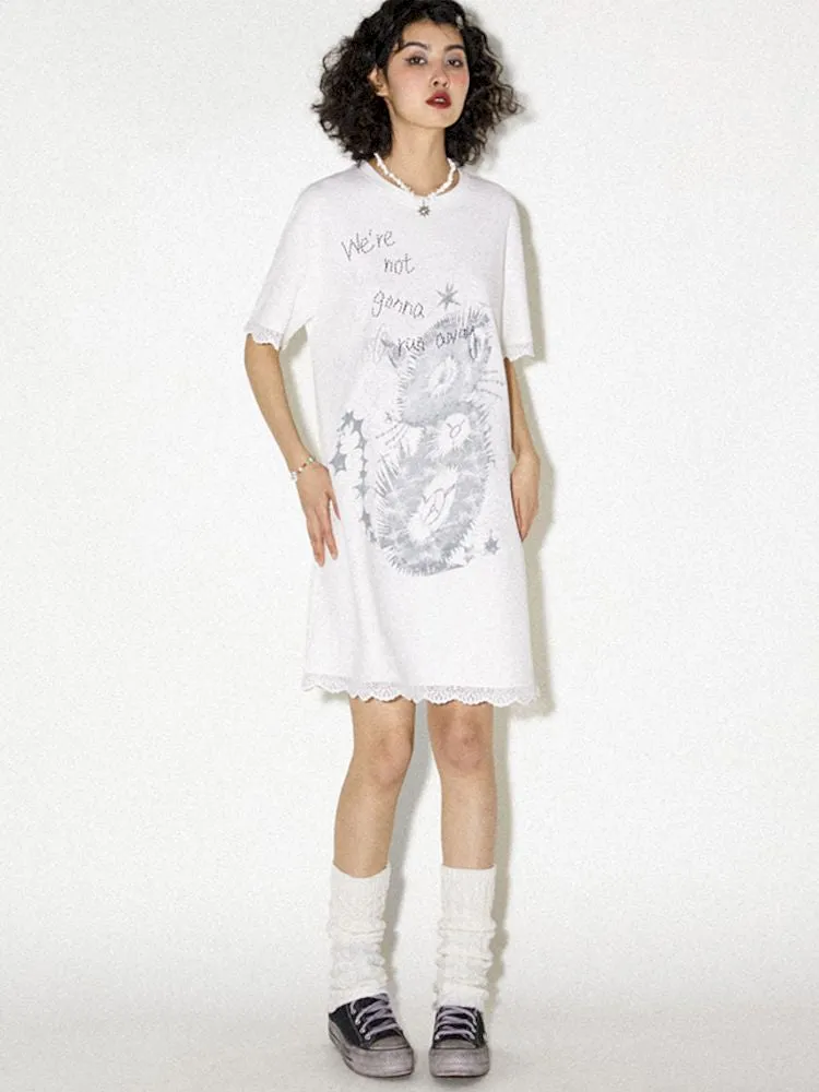 Lace Splicing Printed T-Shirt Dress【s0000008821】