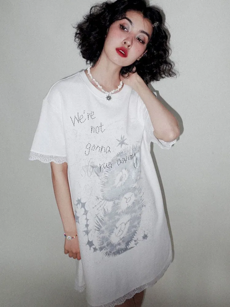 Lace Splicing Printed T-Shirt Dress【s0000008821】