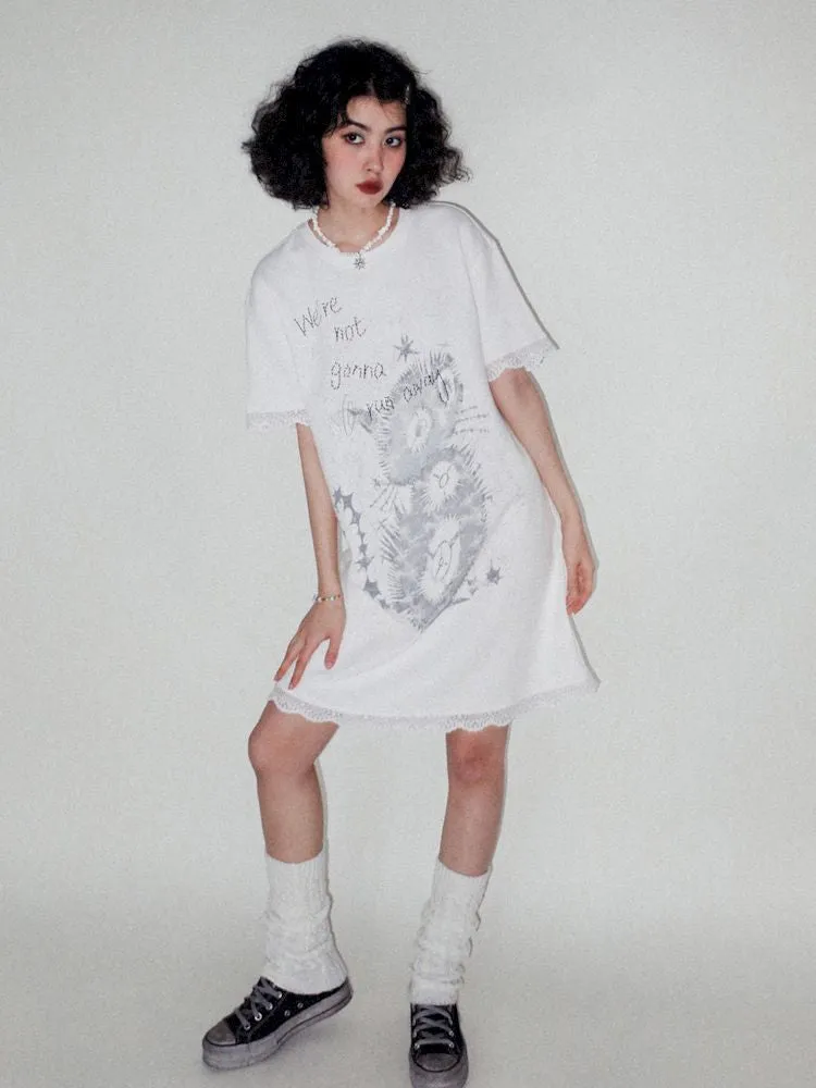 Lace Splicing Printed T-Shirt Dress【s0000008821】