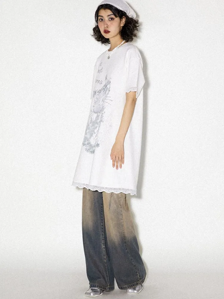 Lace Splicing Printed T-Shirt Dress【s0000008821】