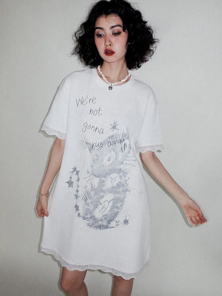 Lace Splicing Printed T-Shirt Dress【s0000008821】