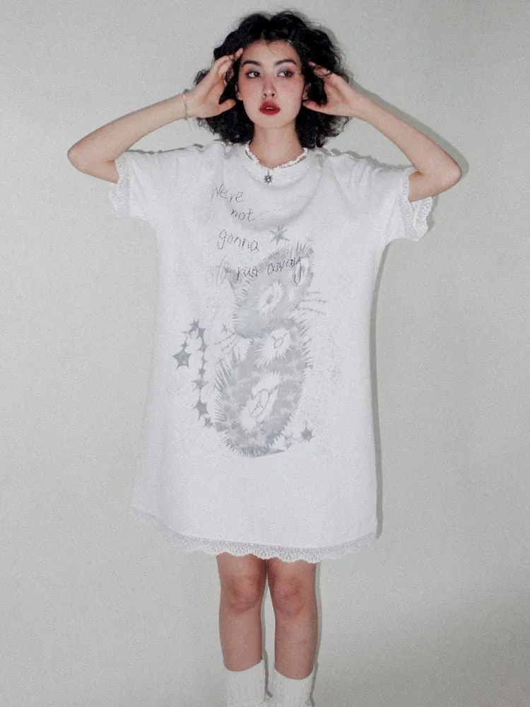 Lace Splicing Printed T-Shirt Dress【s0000008821】