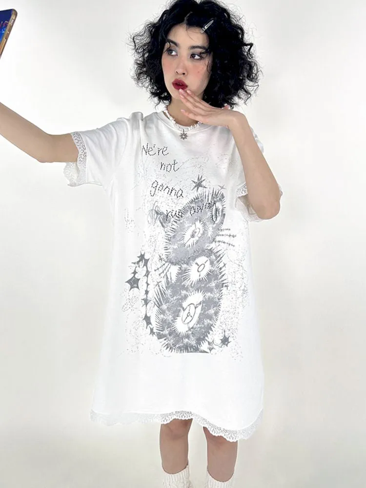 Lace Splicing Printed T-Shirt Dress【s0000008821】