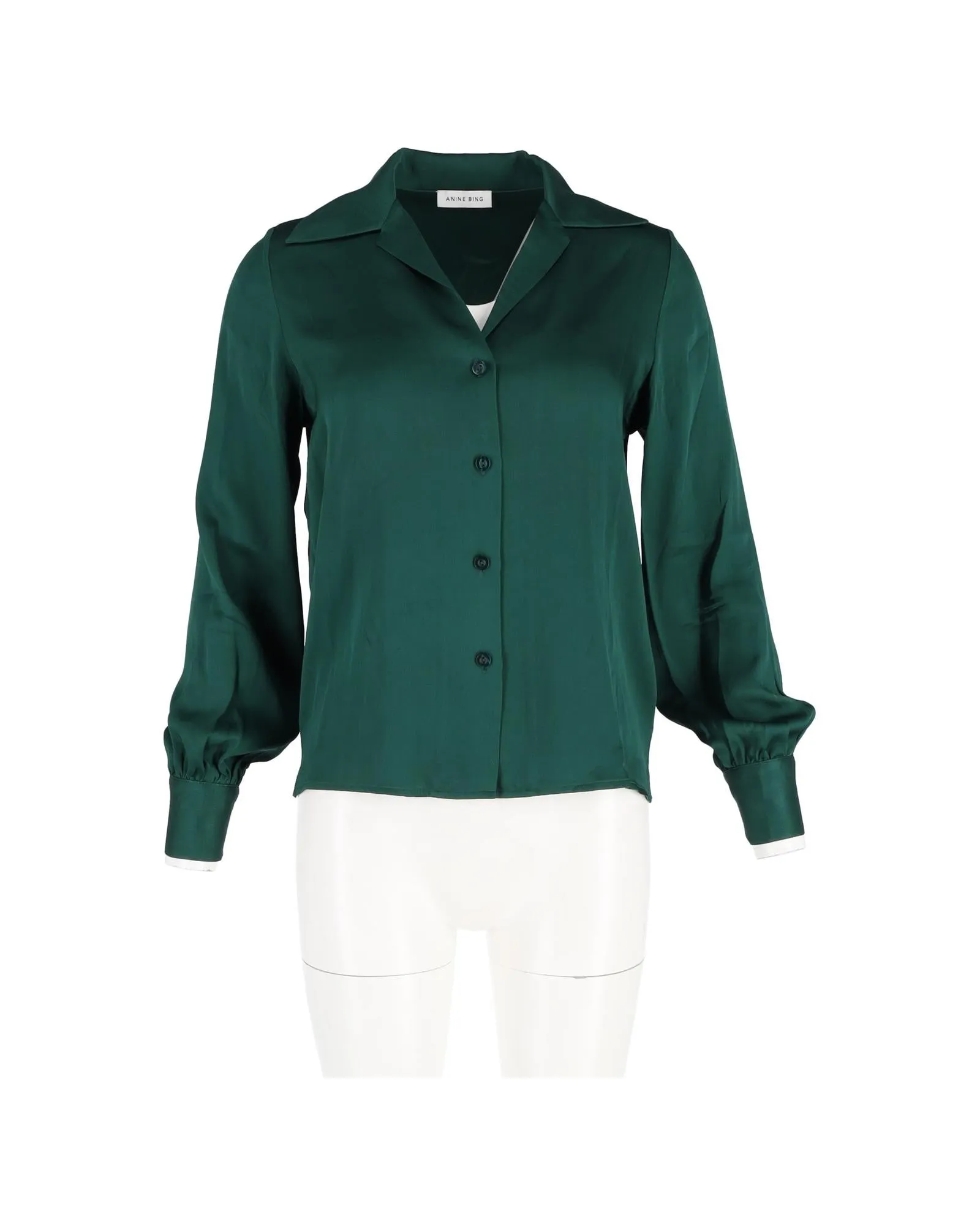 Luxurious Emerald Green Silk Button-Up Shirt with Wide Collar and Shirred Cuffs