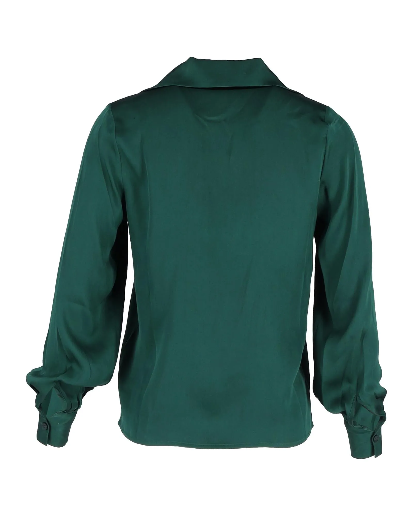 Luxurious Emerald Green Silk Button-Up Shirt with Wide Collar and Shirred Cuffs