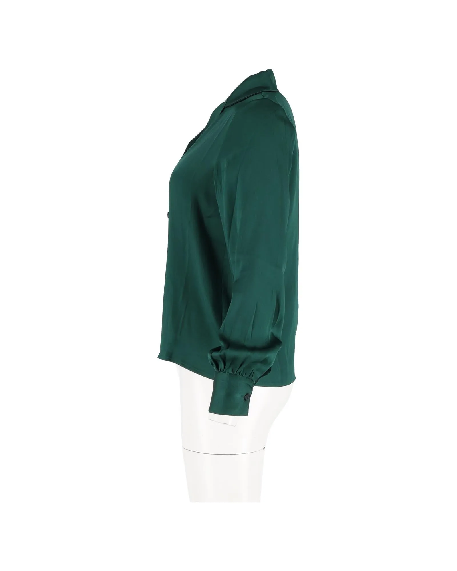 Luxurious Emerald Green Silk Button-Up Shirt with Wide Collar and Shirred Cuffs