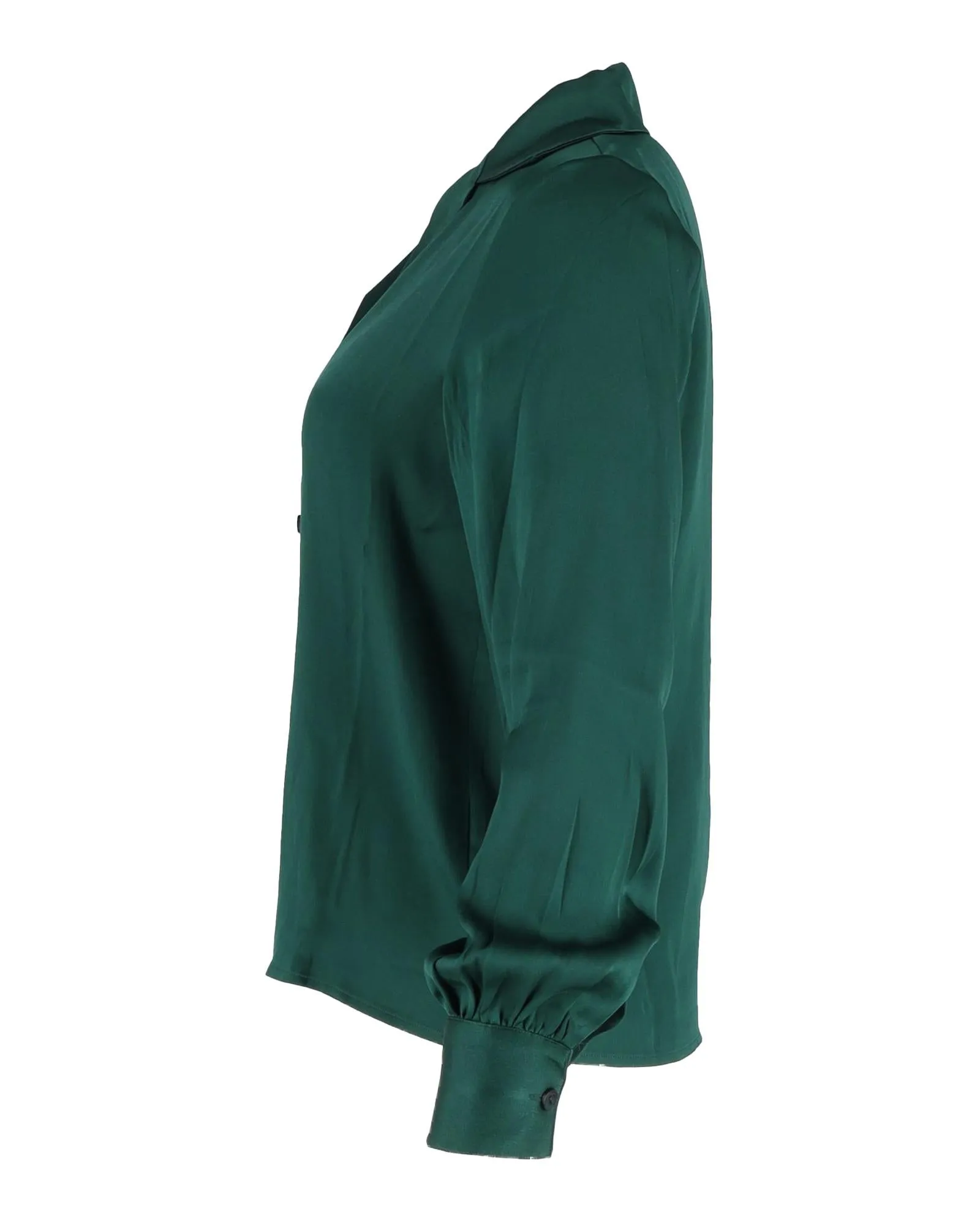 Luxurious Emerald Green Silk Button-Up Shirt with Wide Collar and Shirred Cuffs