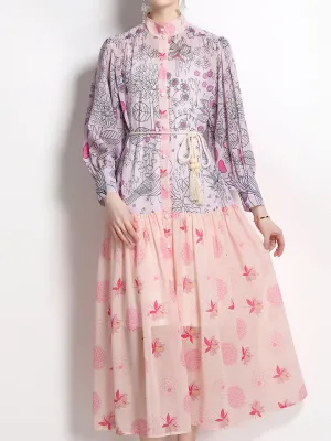 Macaron Color Romantic Flower Print Long Sleeve With Belt Holiday Maxi Dress