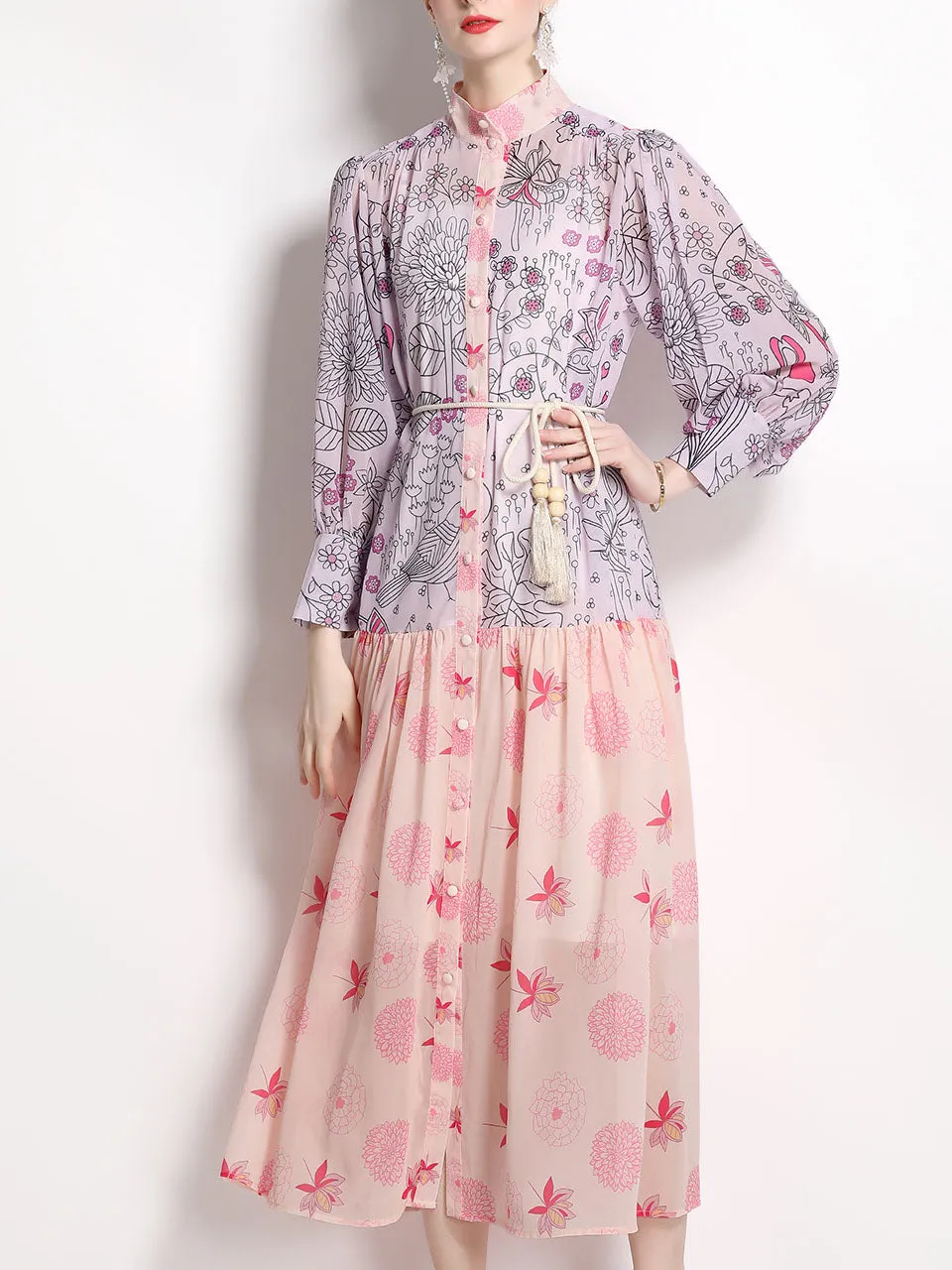 Macaron Color Romantic Flower Print Long Sleeve With Belt Holiday Maxi Dress