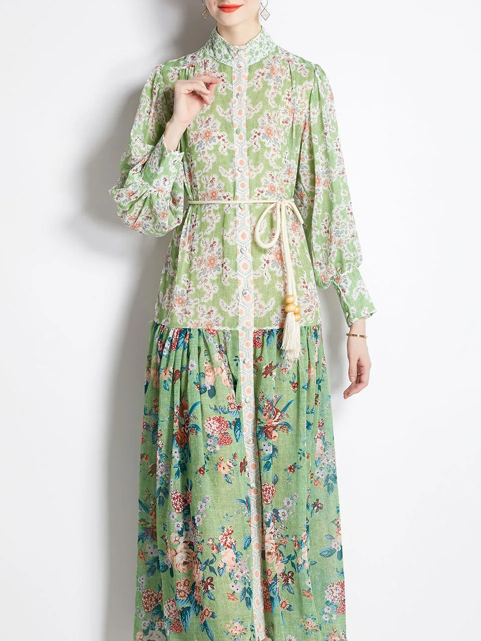 Macaron Color Romantic Flower Print Long Sleeve With Belt Holiday Maxi Dress