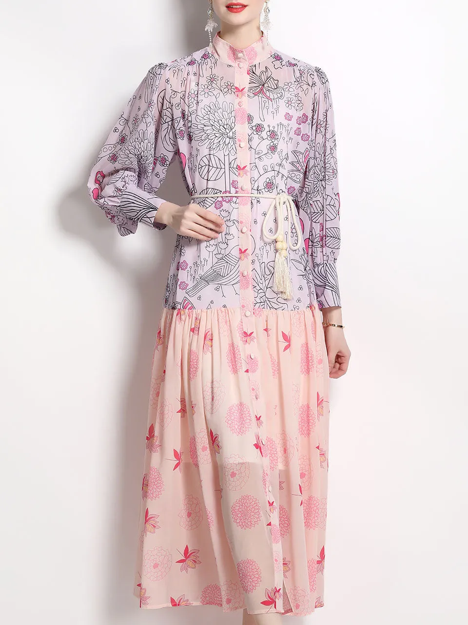 Macaron Color Romantic Flower Print Long Sleeve With Belt Holiday Maxi Dress