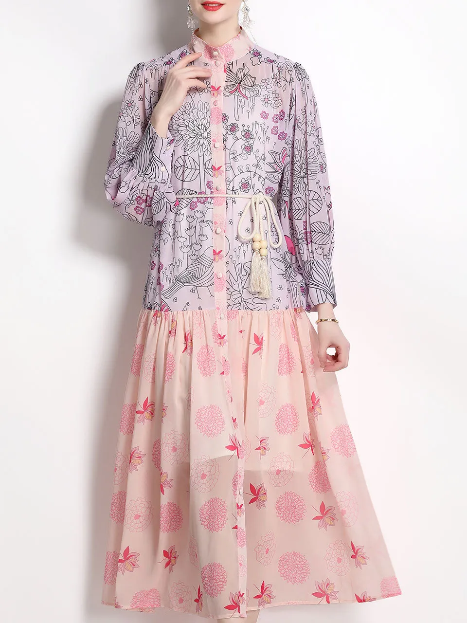 Macaron Color Romantic Flower Print Long Sleeve With Belt Holiday Maxi Dress