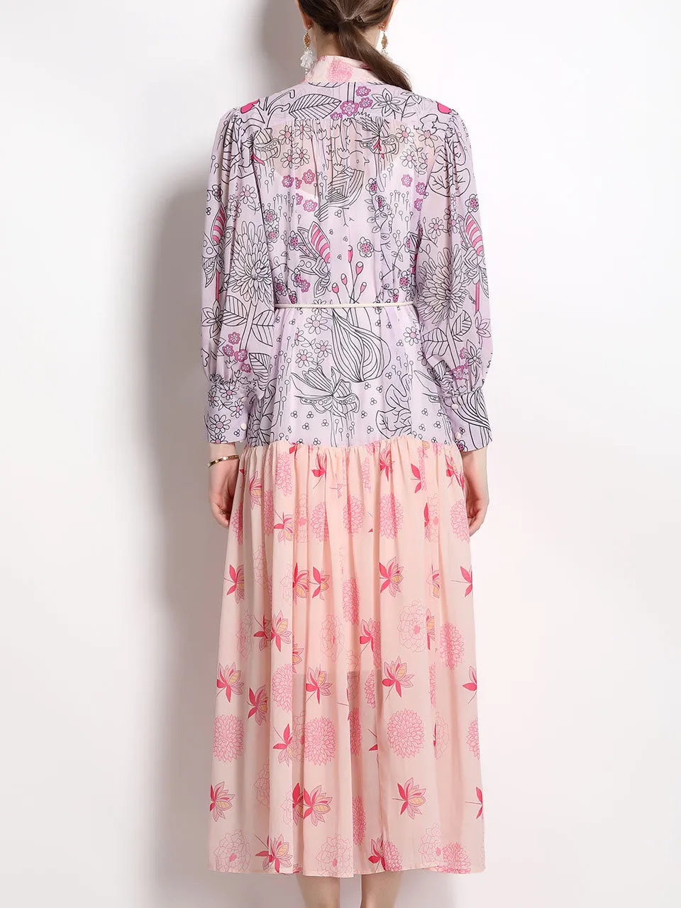 Macaron Color Romantic Flower Print Long Sleeve With Belt Holiday Maxi Dress