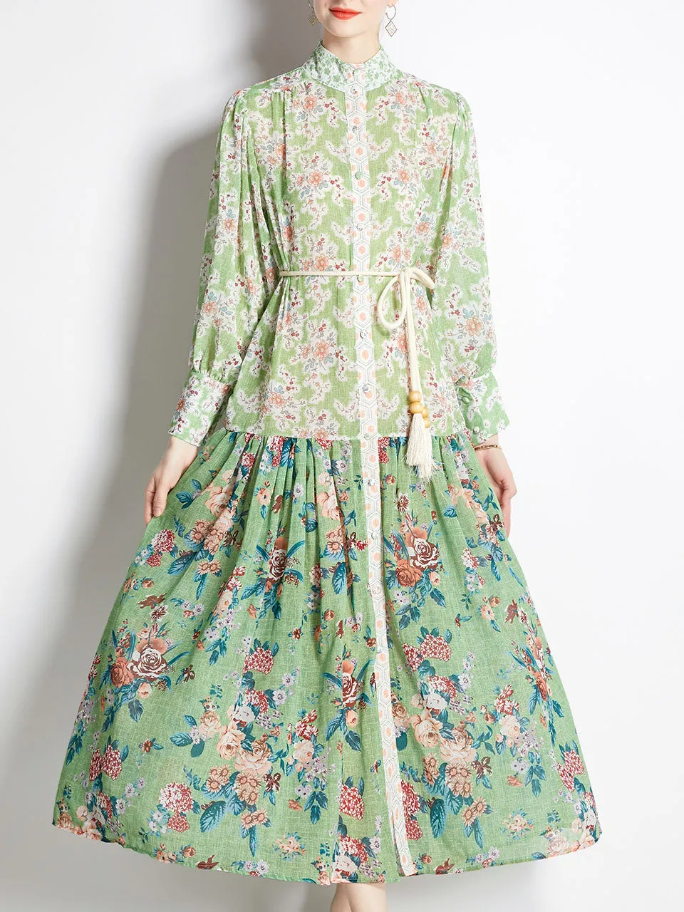 Macaron Color Romantic Flower Print Long Sleeve With Belt Holiday Maxi Dress