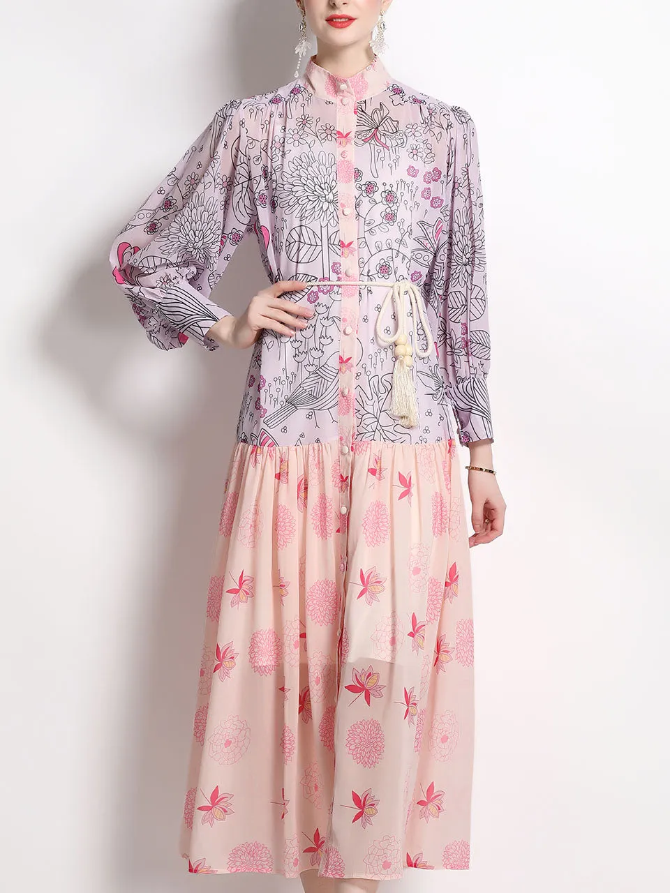 Macaron Color Romantic Flower Print Long Sleeve With Belt Holiday Maxi Dress