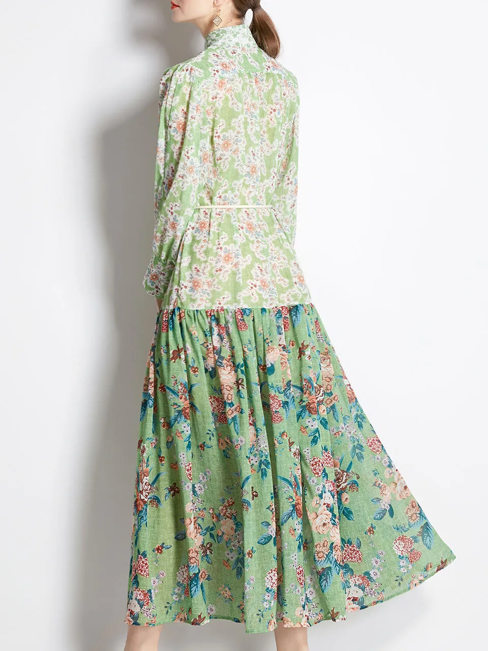 Macaron Color Romantic Flower Print Long Sleeve With Belt Holiday Maxi Dress