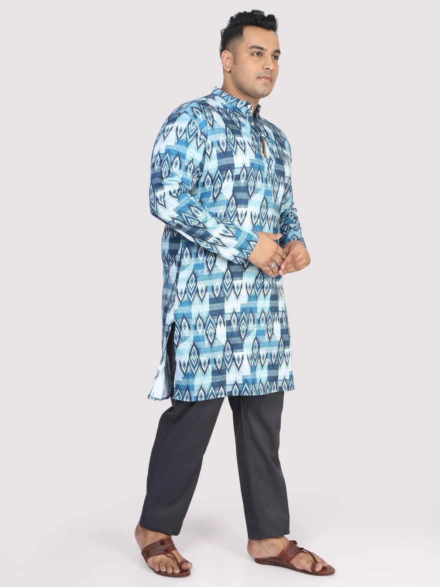 Men Plus Size Blue Ikat Digital Printed Kurta