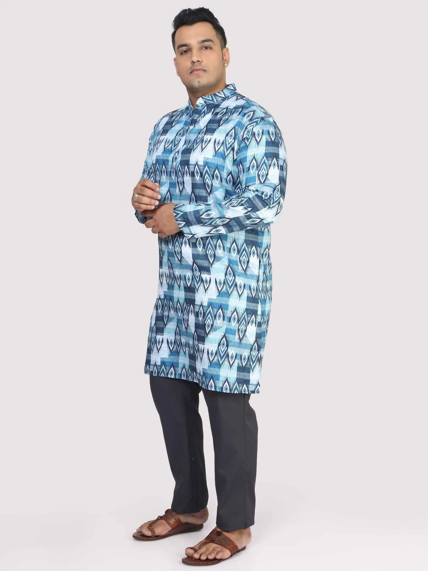 Men Plus Size Blue Ikat Digital Printed Kurta