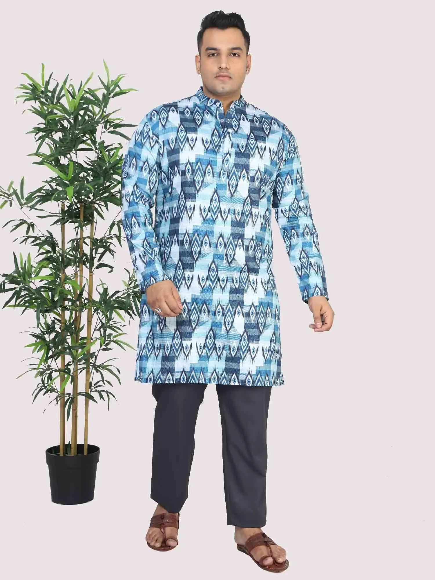 Men Plus Size Blue Ikat Digital Printed Kurta