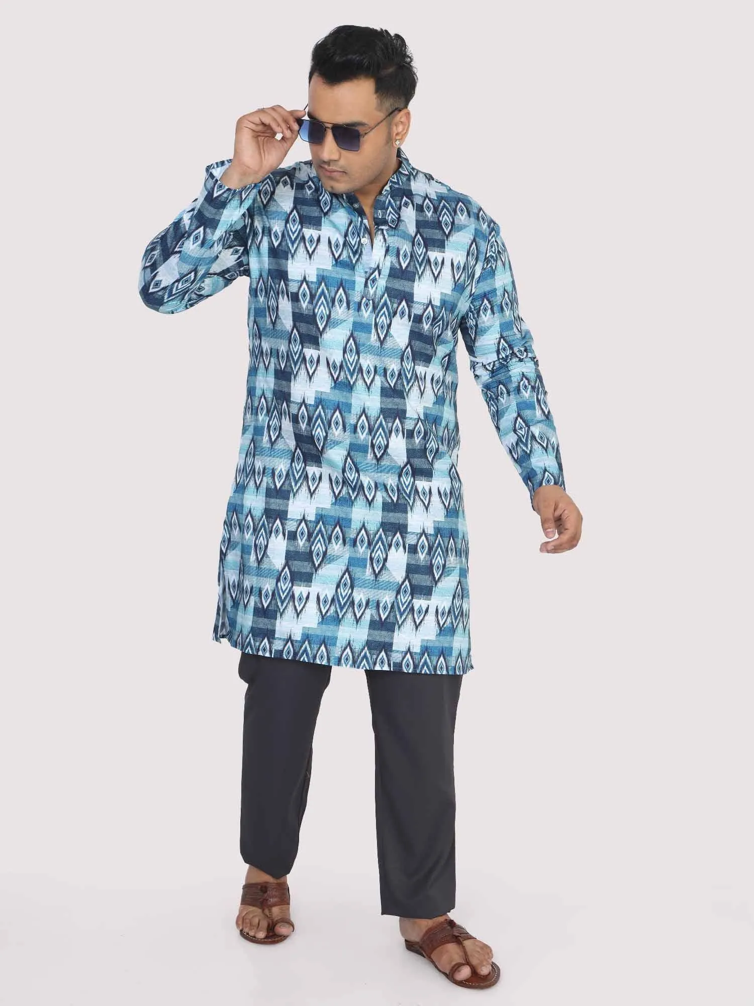 Men Plus Size Blue Ikat Digital Printed Kurta