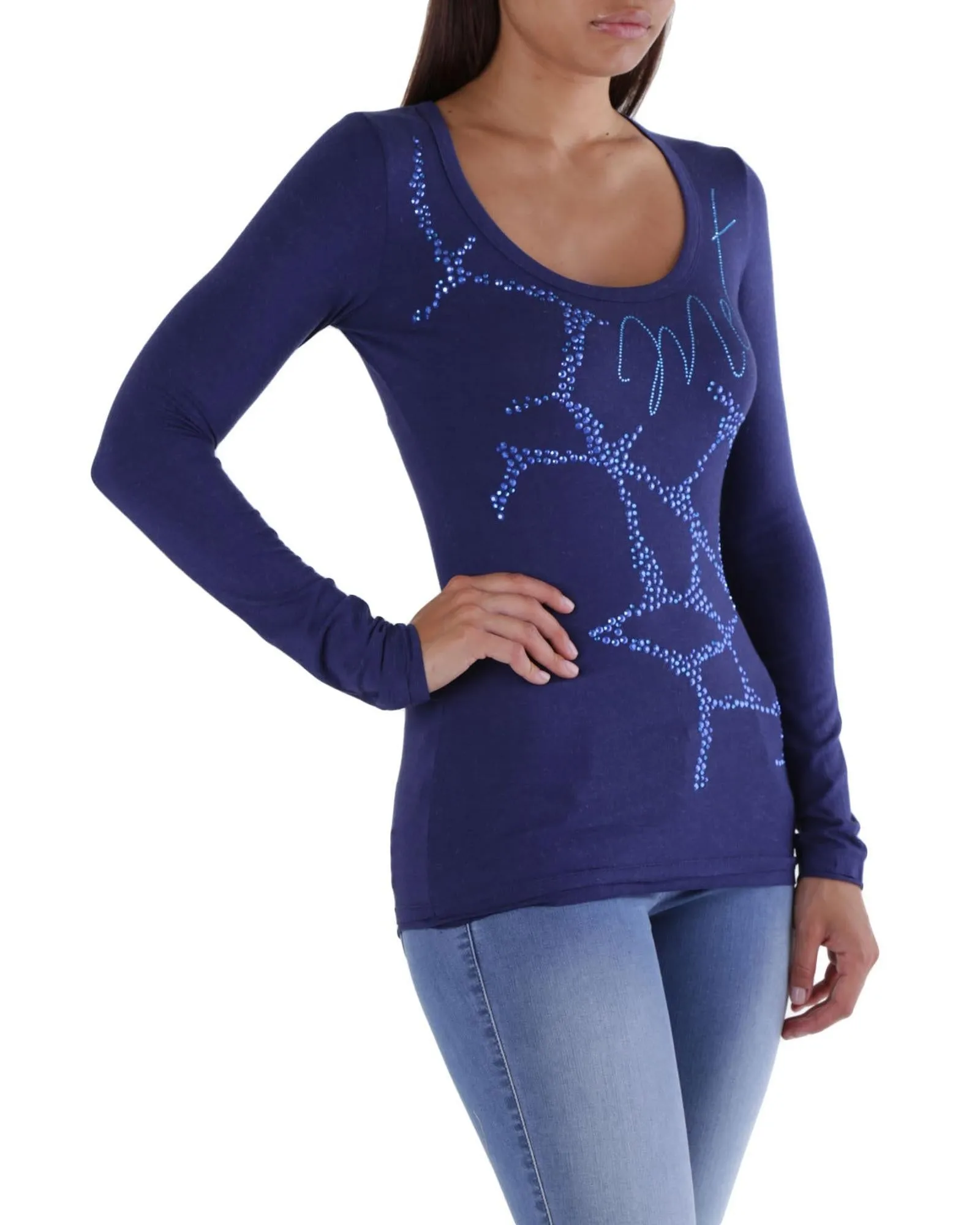 Met Women's Long Sleeve Top Rhinestone Web Blue