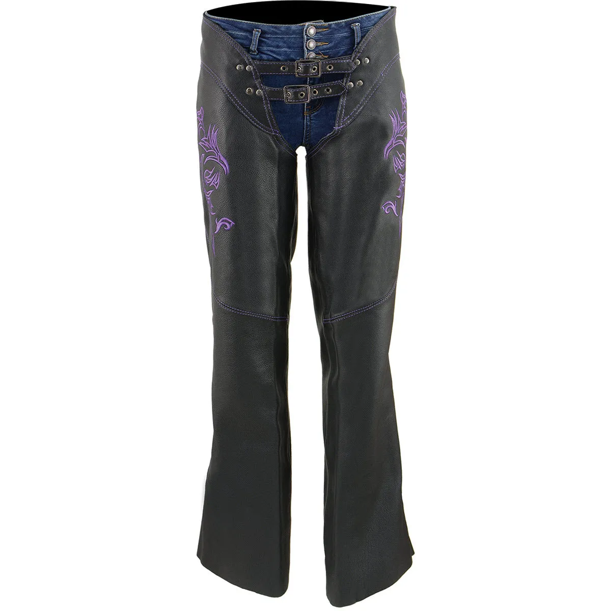 Milwaukee Leather Chaps for Women Black and Purple Low-Rise Waist- Double Buckle Reflective Embroidery Motorcycle Chap- ML1187