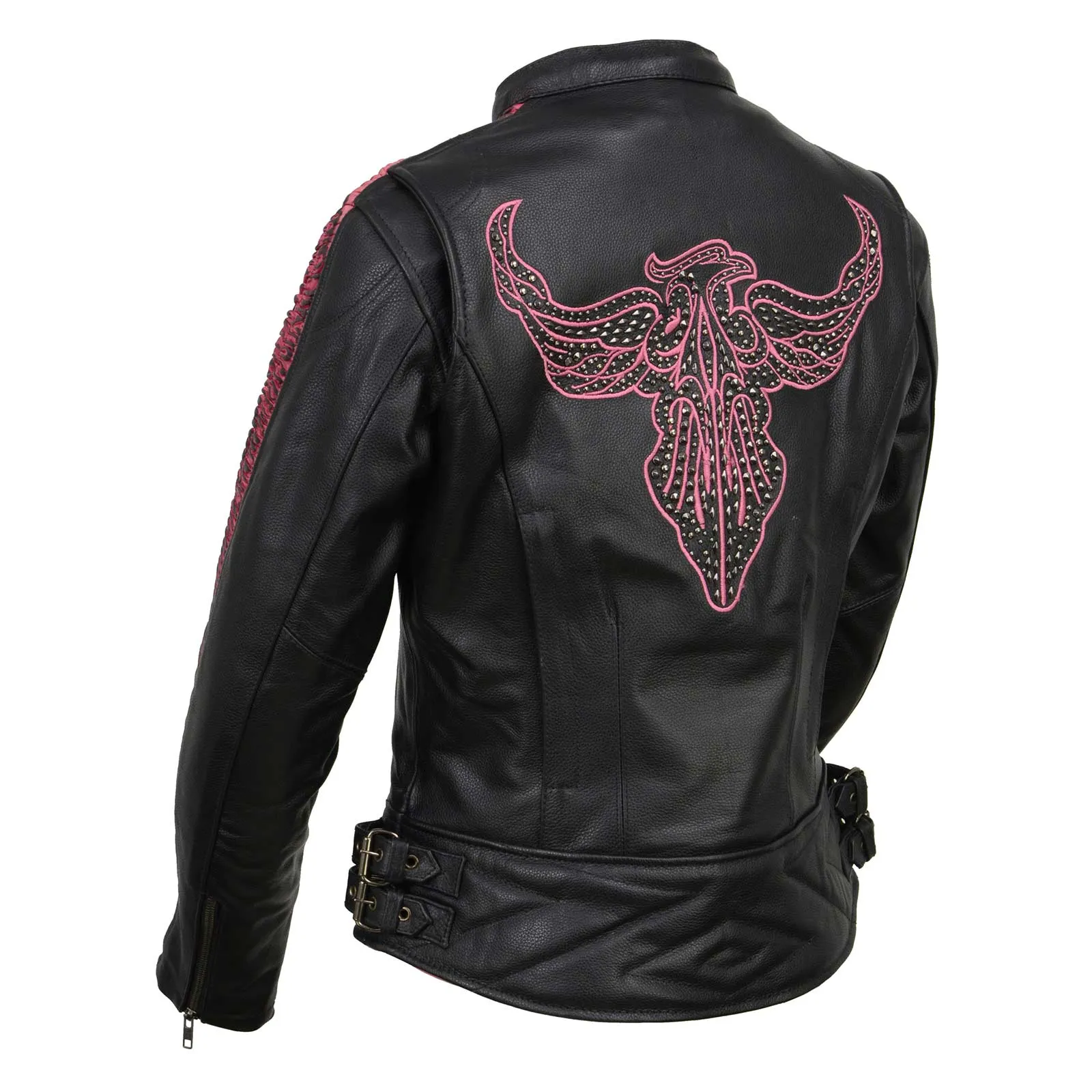 Milwaukee Leather MLL2570 Women's 'Phoenix Embroidered' Black and Fuchsia Pink Leather Motorcycle Jacket