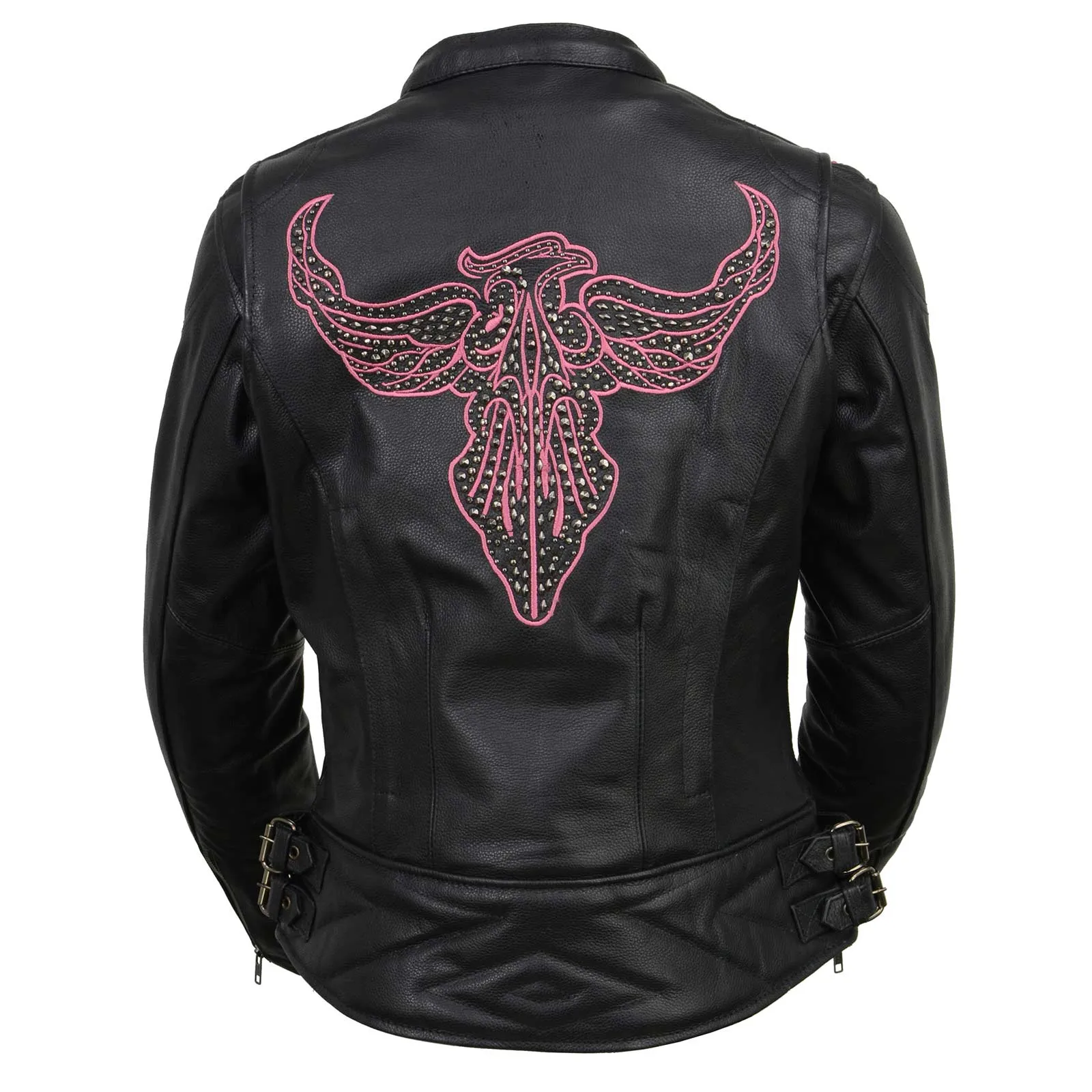 Milwaukee Leather MLL2570 Women's 'Phoenix Embroidered' Black and Fuchsia Pink Leather Motorcycle Jacket