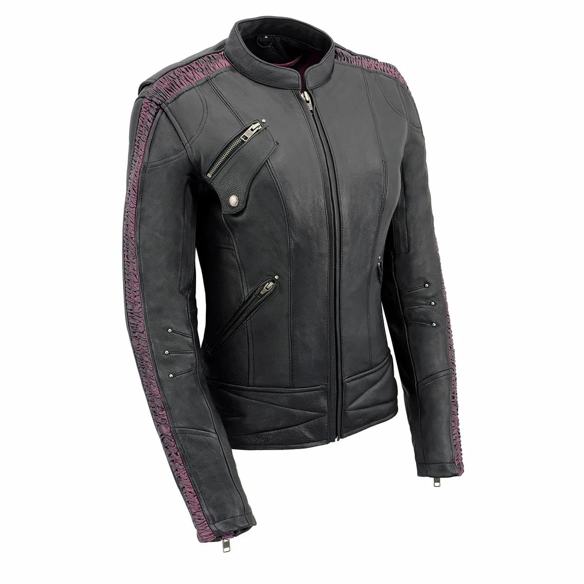 Milwaukee Leather MLL2570 Women's 'Phoenix Embroidered' Black and Fuchsia Pink Leather Motorcycle Jacket