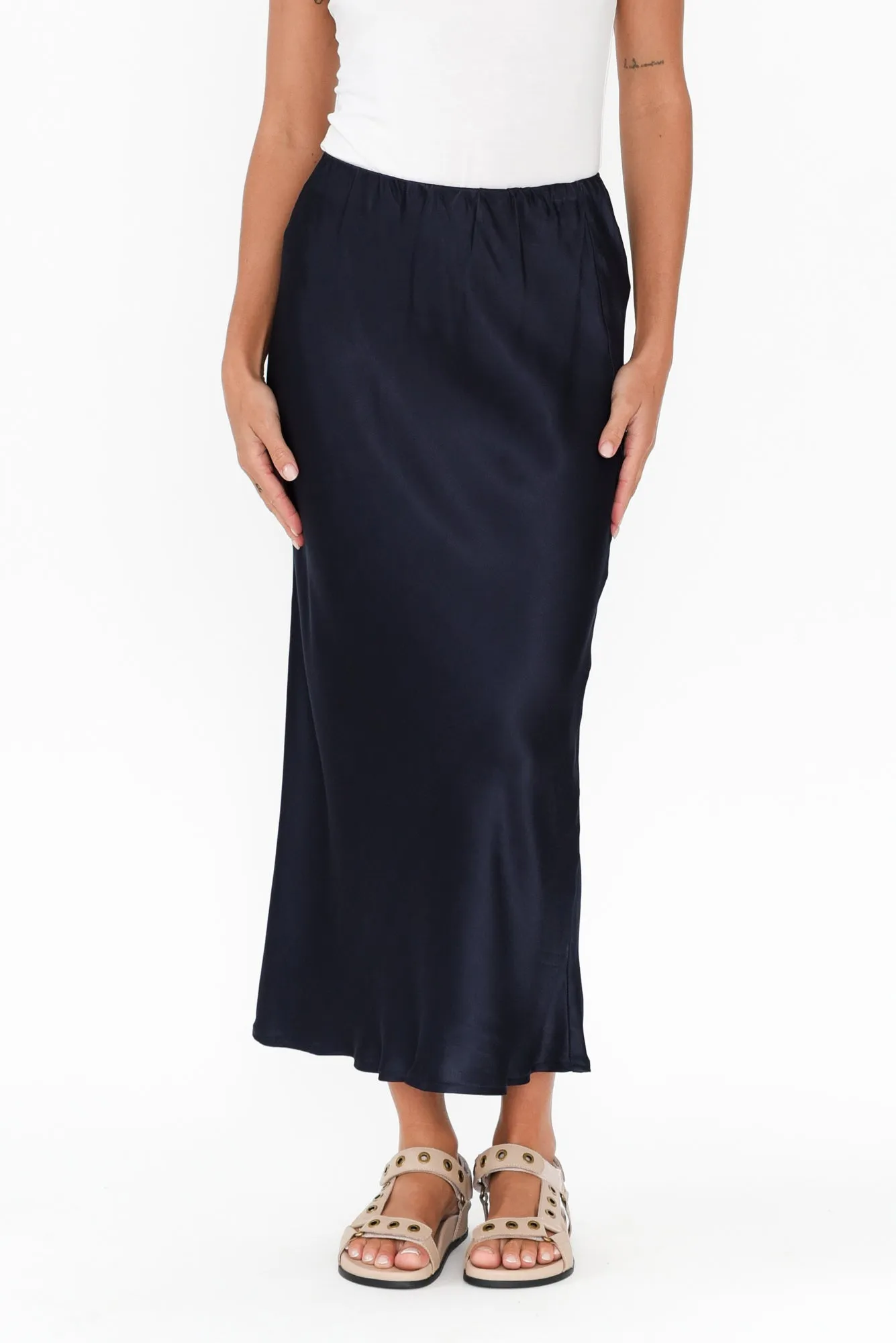 Minogue Navy Satin Bias Skirt