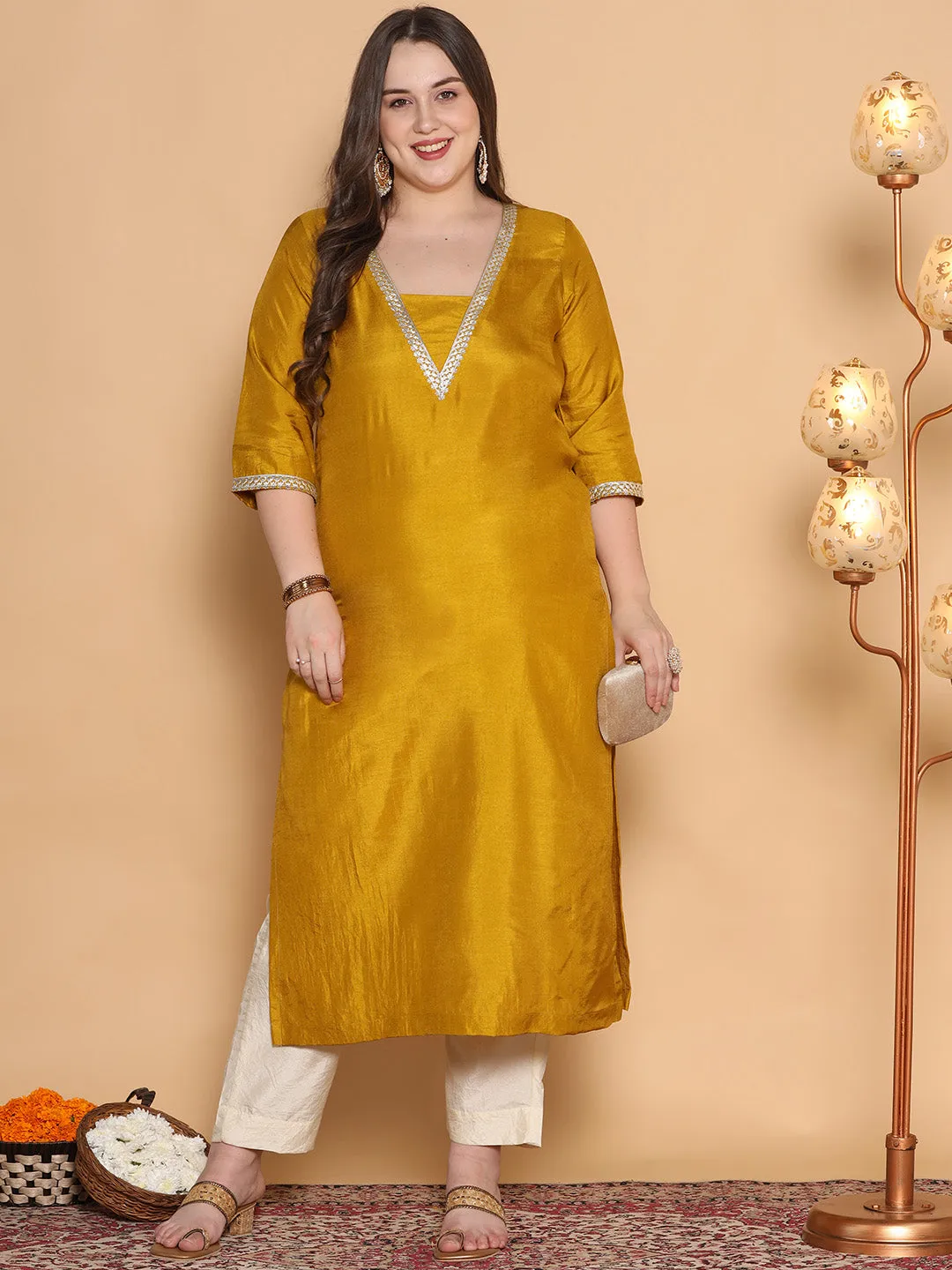 Mustard Silk Embellished Straight Kurta