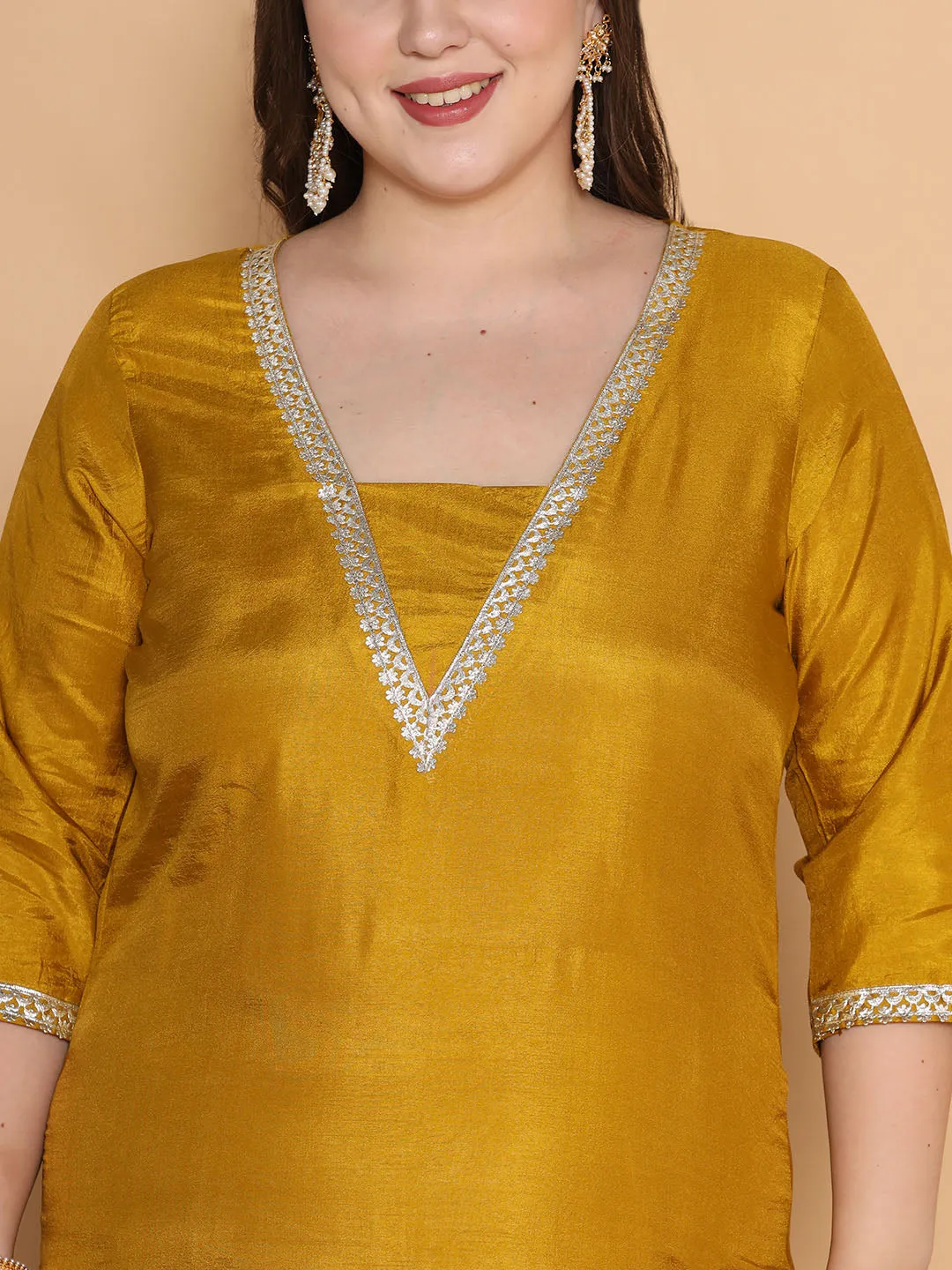 Mustard Silk Embellished Straight Kurta