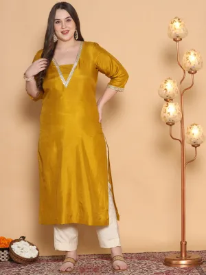 Mustard Silk Embellished Straight Kurta