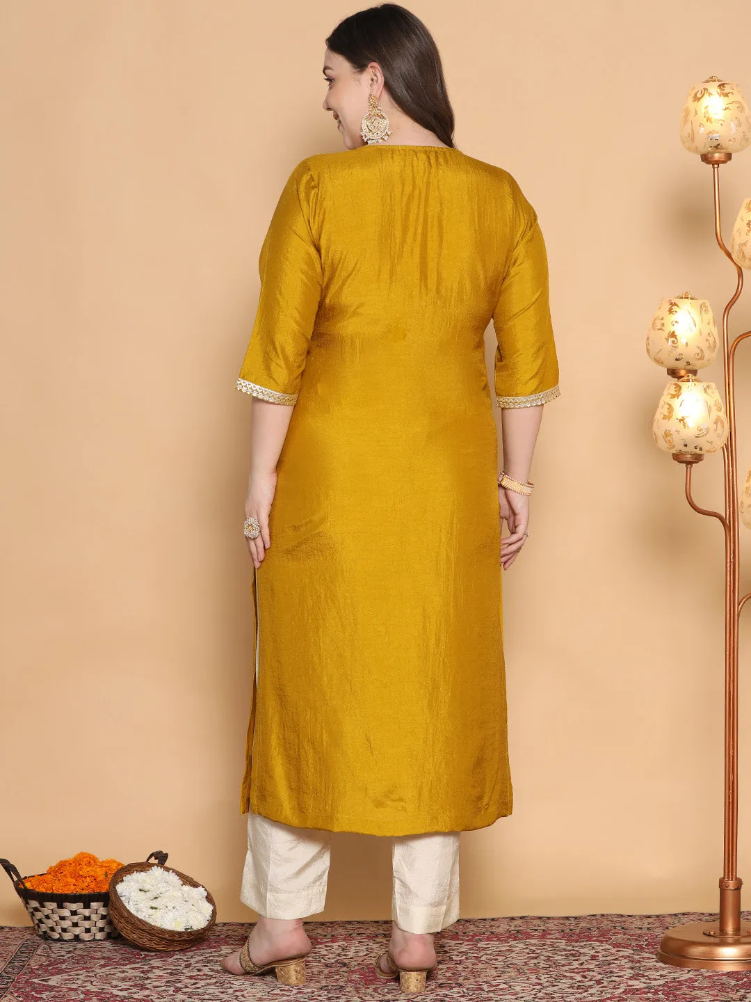 Mustard Silk Embellished Straight Kurta