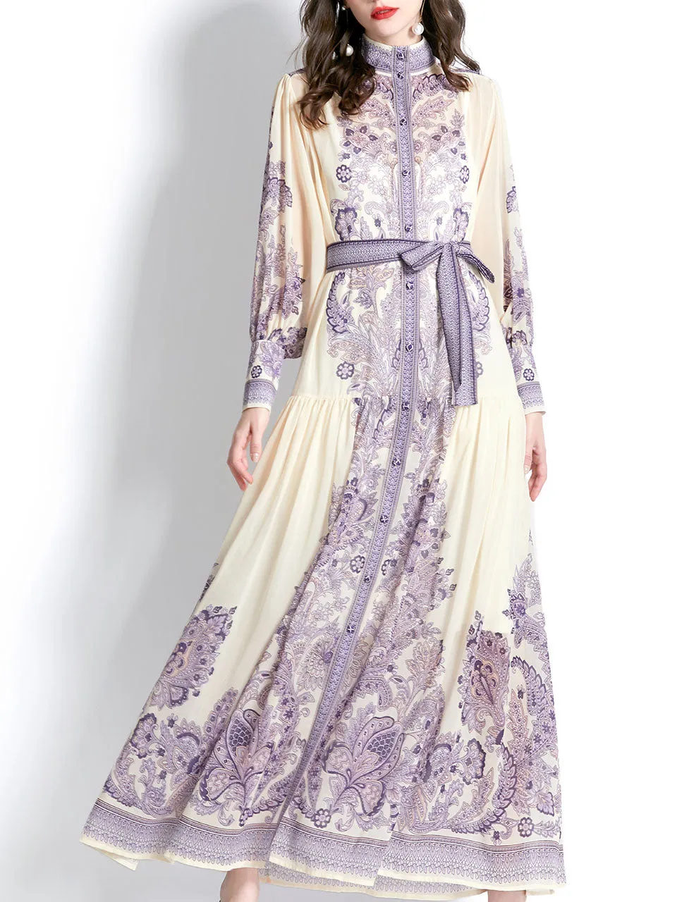 Navy Stand Collar Floral Print Long Sleeve Bohemian Dress Maxi Dress