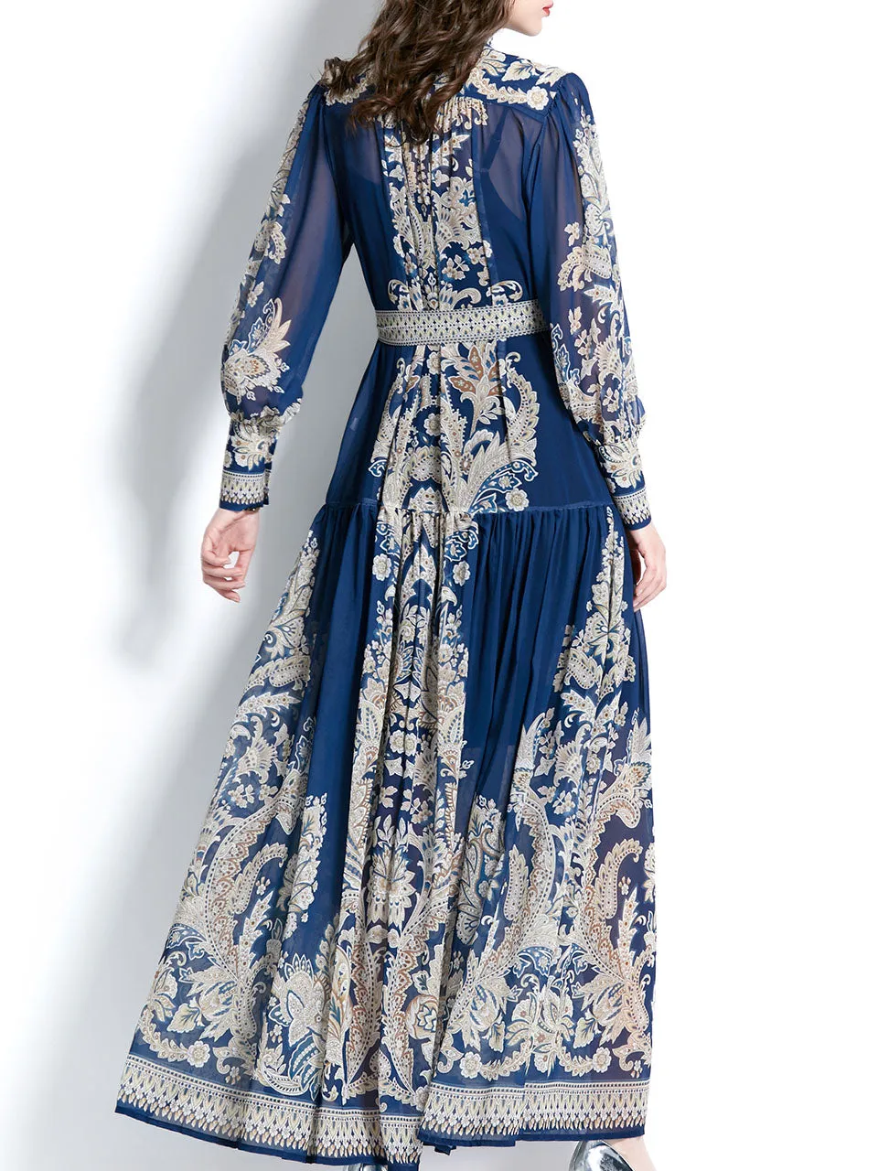 Navy Stand Collar Floral Print Long Sleeve Bohemian Dress Maxi Dress