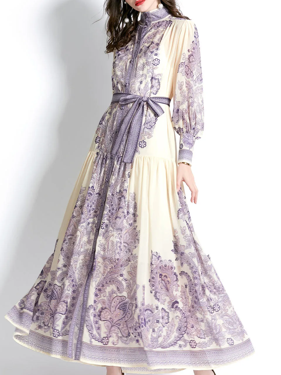 Navy Stand Collar Floral Print Long Sleeve Bohemian Dress Maxi Dress