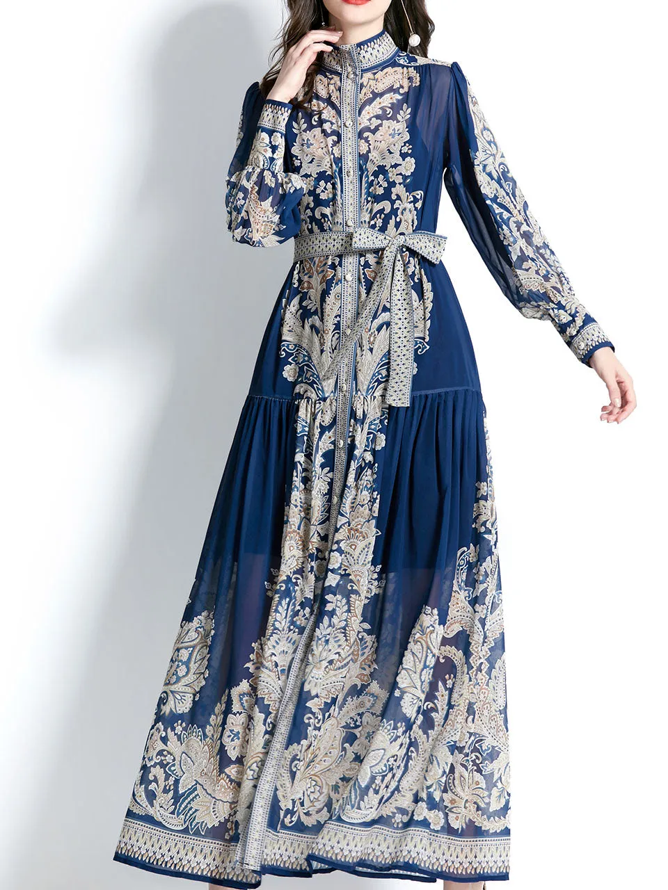 Navy Stand Collar Floral Print Long Sleeve Bohemian Dress Maxi Dress