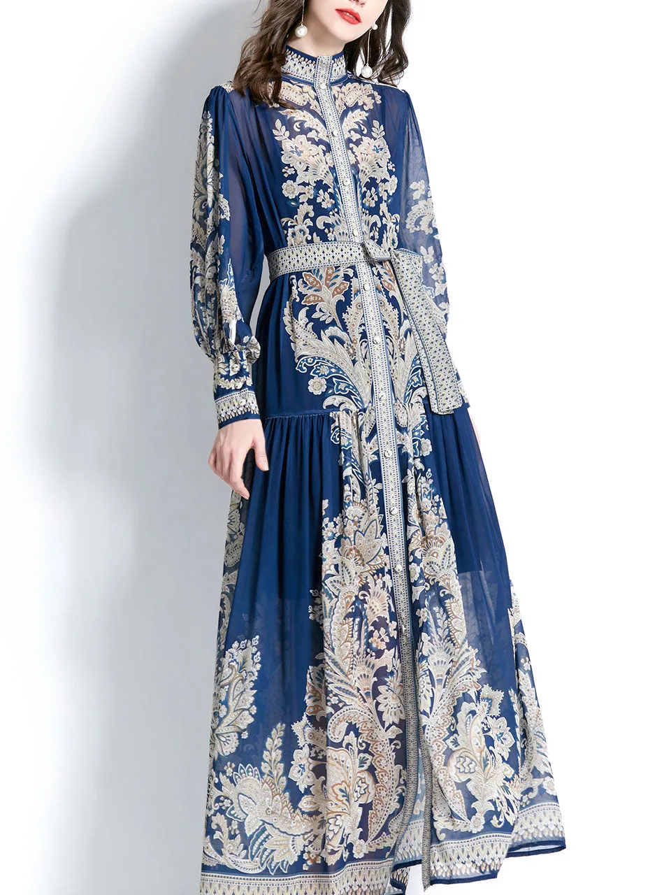 Navy Stand Collar Floral Print Long Sleeve Bohemian Dress Maxi Dress