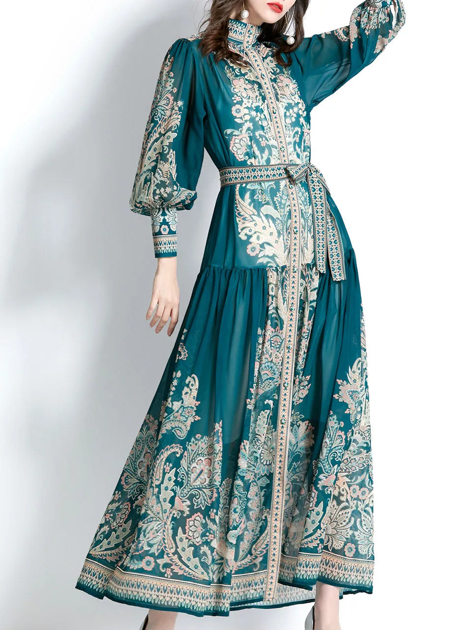 Navy Stand Collar Floral Print Long Sleeve Bohemian Dress Maxi Dress