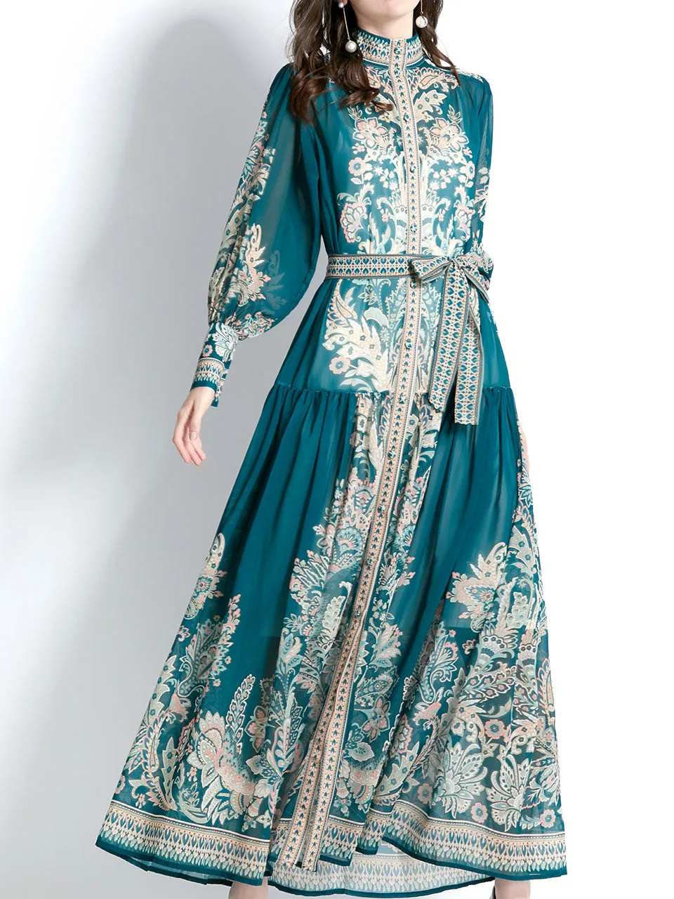 Navy Stand Collar Floral Print Long Sleeve Bohemian Dress Maxi Dress