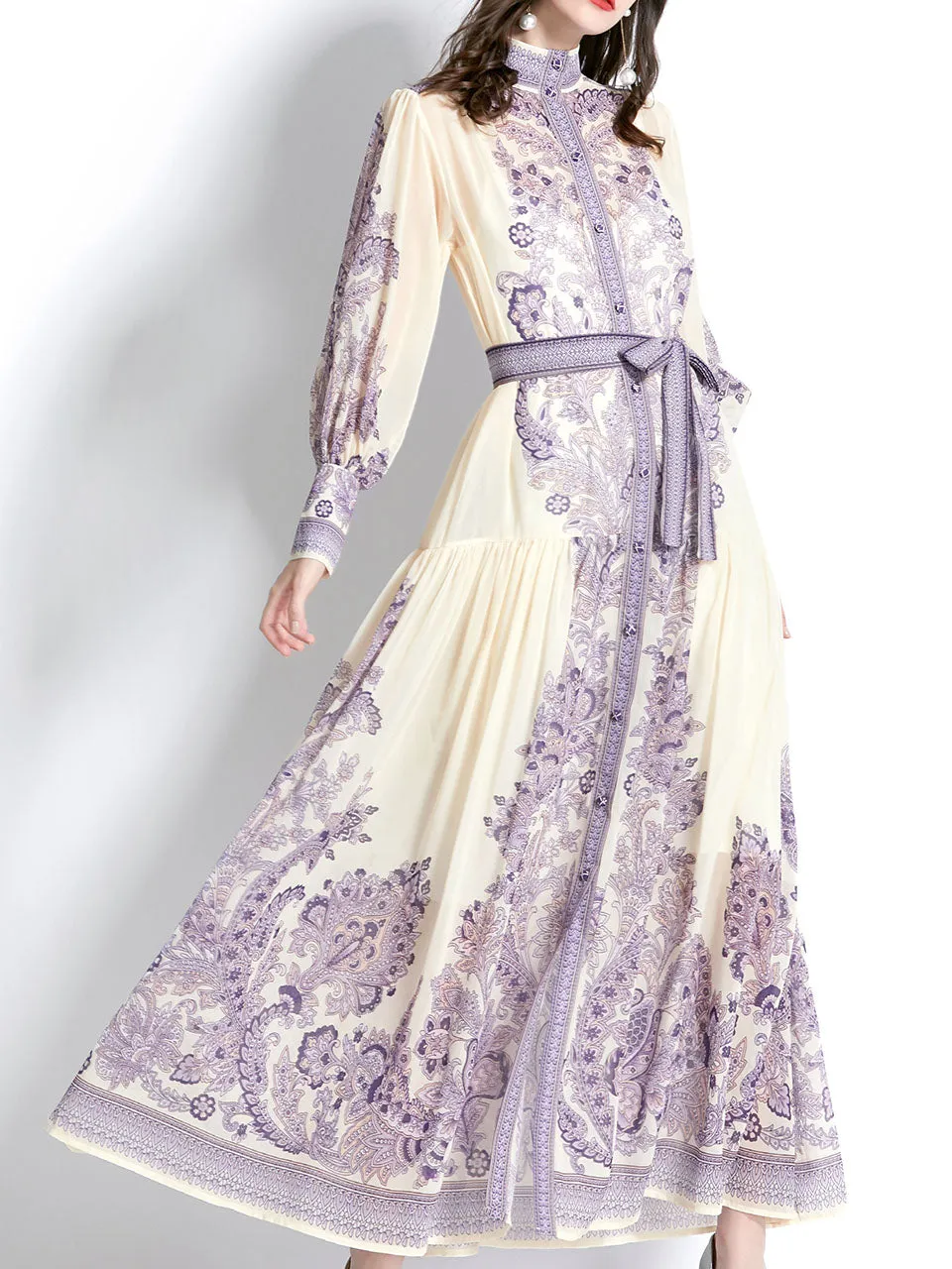 Navy Stand Collar Floral Print Long Sleeve Bohemian Dress Maxi Dress